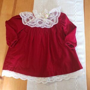 Vintage 80s 90s Baby Girl Red Velvet Lace Dress Cottagecore Holiday Christmas